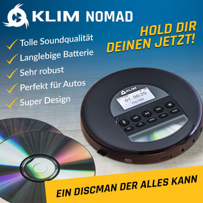 KLIM Nomad Tragbarer CD-Player mit Bluetooth und Kopfhörer