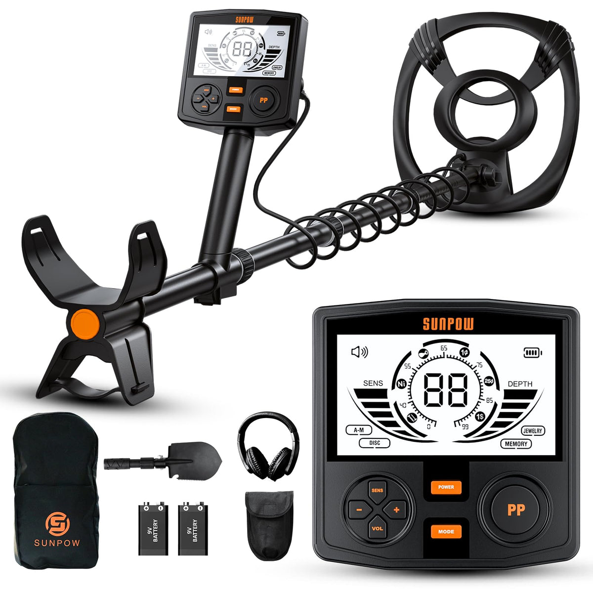SUNPOW Profi Metalldetektor Set – DSP Chip, 30cm Spule: Schwarzer Detektor zur Metallsuche im Boden.