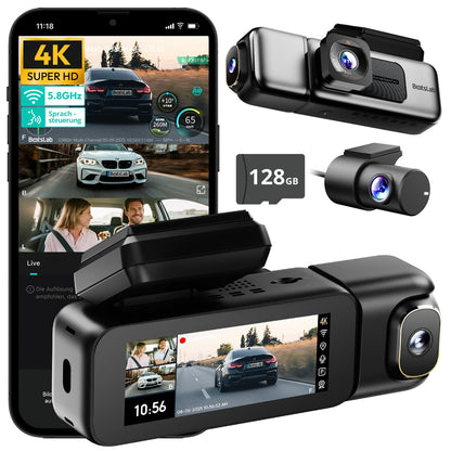 BOTSLAB 4K 3-Kanal Dashcam – GPS, WiFi, 128GB SD-Karte. Kompakte schwarze Dashcam zeichnet Fahrten in 4K auf.