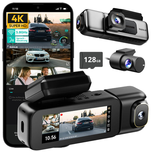 BOTSLAB 4K 3-Kanal Dashcam – GPS, WiFi, 128GB SD-Karte. Kompakte schwarze Dashcam zeichnet Fahrten in 4K auf.