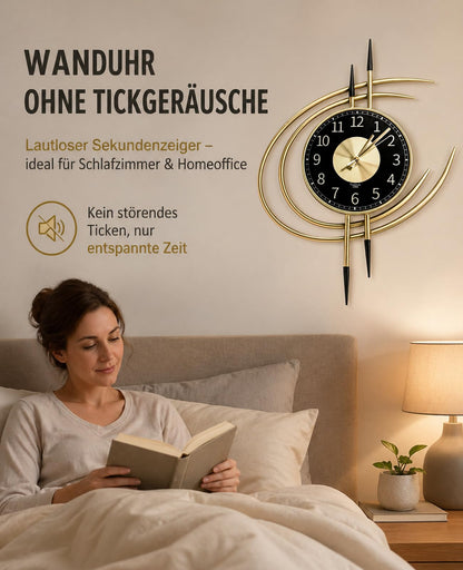 LANMOU Wanduhr 54 cm Gold Schwarz, lautlose Wohnzimmeruhr aus Metall