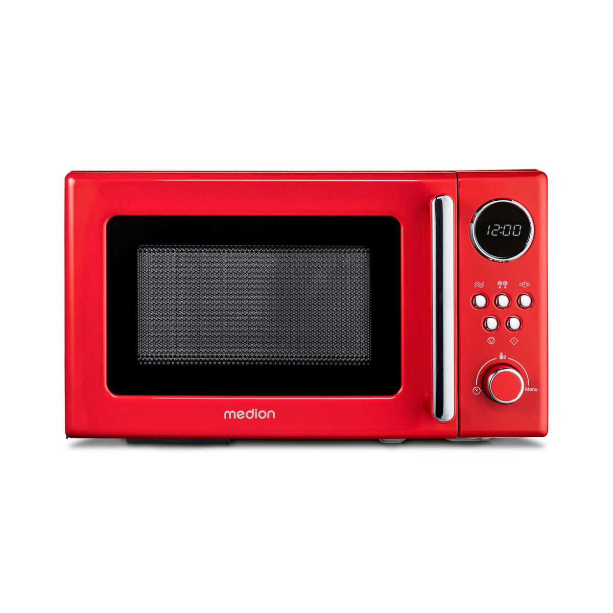 MEDION Retro Kompakt-Mikrowelle MD15000 – 20 Liter Rot. Rotes Gerät zum Erwärmen, Auftauen und Garen von Speisen.