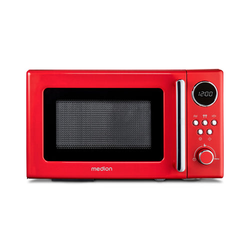 MEDION Retro Kompakt-Mikrowelle MD15000 – 20 Liter Rot. Rotes Gerät zum Erwärmen, Auftauen und Garen von Speisen.
