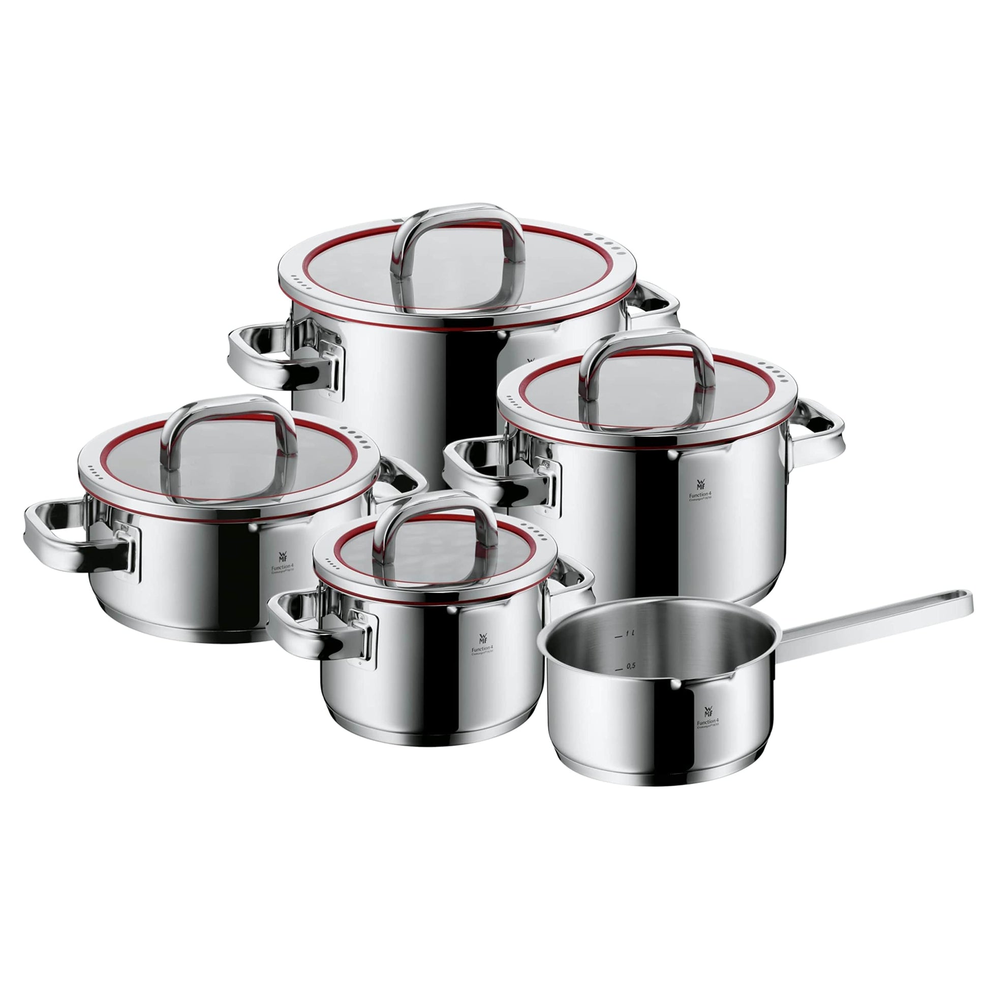 WMF Function 4 Induktions-Topfset 5-tlg. mit Abgiessfunktion. Rundes Edelstahl-Topfset zum Kochen und präzisen Abgießen.