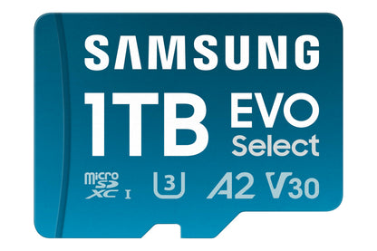 Samsung EVO Select microSD-Karte 4K UHD - 1 TB mit SD-Adapter (2024). Schwarze, rechteckige Karte mit Adapter. Datenspeicher für 4K UHD.