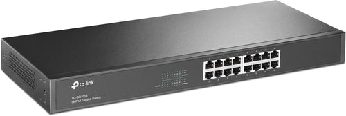TP-Link TL-SG1016 16 Port Gigabit Netzwerk Switch. Schwarzer, rechteckiger Rackmount-Switch für 16 Gigabit Ethernet Verbindungen im 19 Zoll Rack.