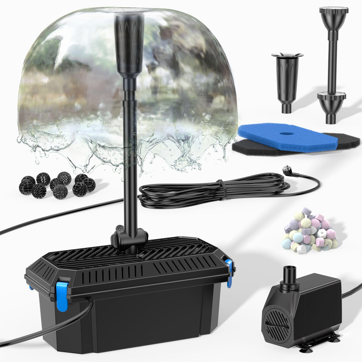 Biling Teichfilter Komplettset mit Pumpe 2500 l/h für Gartenteich, Unterwasserfilter mit 3 Springbrunnendüsen