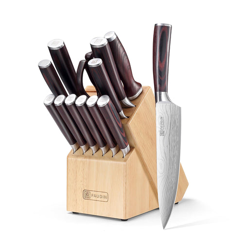 PAUDIN Messerblock Set 14-teilig Edelstahl Küchenmesser mit Holzblock. Holzblock, bestückt mit 14 Edelstahlmessern. Zum präzisen Schneiden von Lebensmitteln.