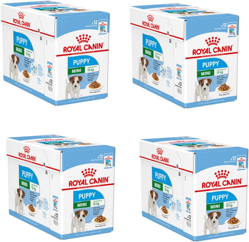 Royal Canin Mini Puppy Nassfutter für Welpen - 4er Pack 4x12x85g. Multipack blauer Portionsbeutel. Alleinfutter für gesundes Welpenwachstum.