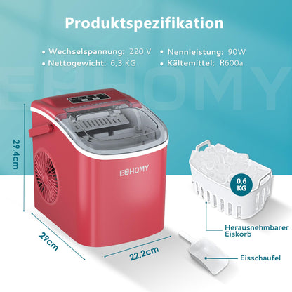 EUHOMY Eiswürfelmaschine Klein, 12 kg/Tag, Selbstreinigend, Rot