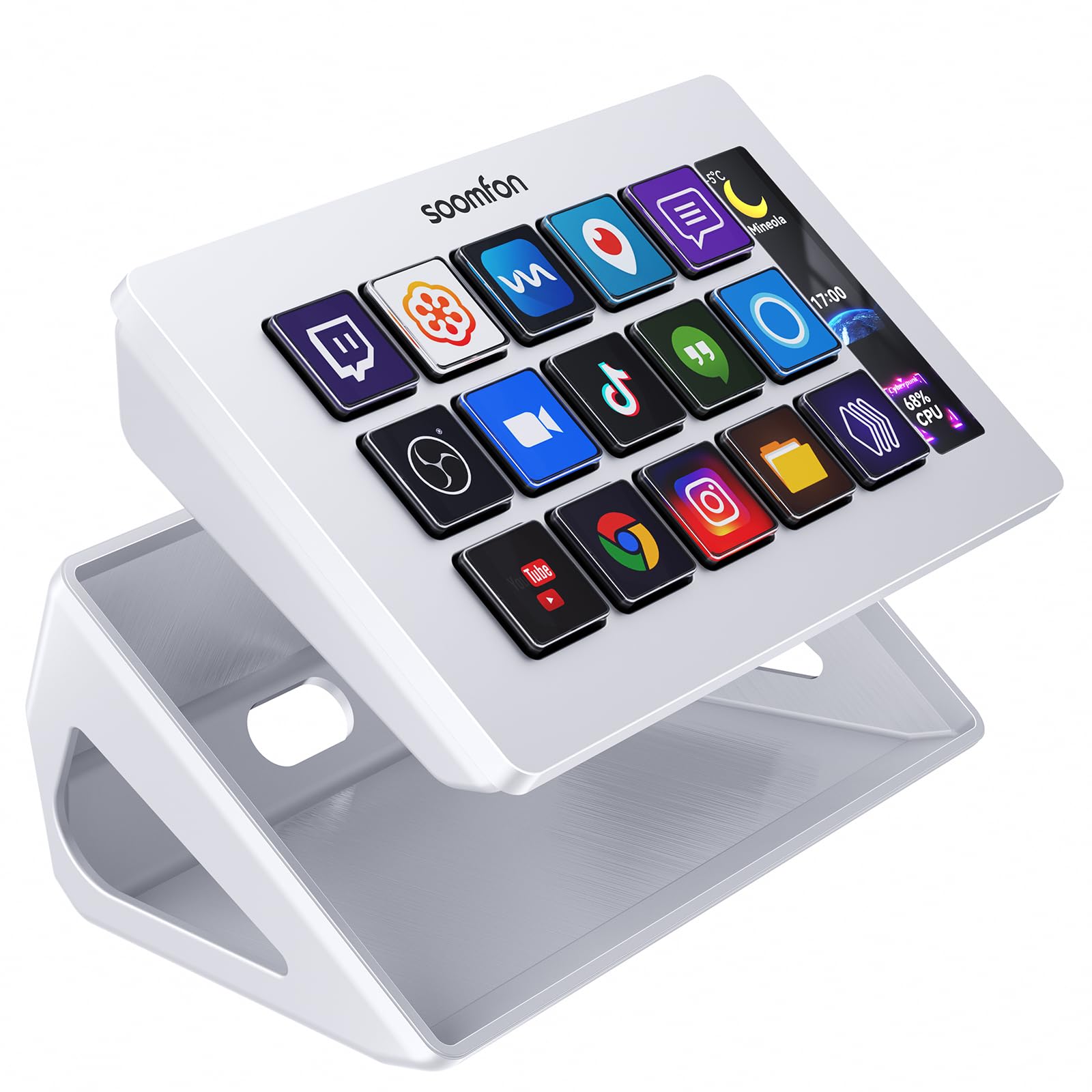 SOOMFON Stream Controller Deck – Weiss. Rechteckiges weißes Deck zur intuitiven Steuerung von Streaming & Editing-Software.