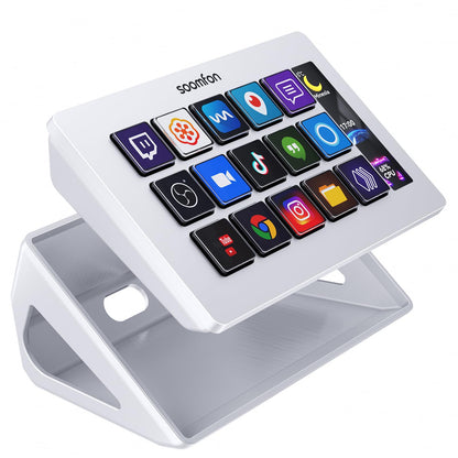 SOOMFON Stream Controller Deck – Weiss. Rechteckiges weißes Deck zur intuitiven Steuerung von Streaming & Editing-Software.