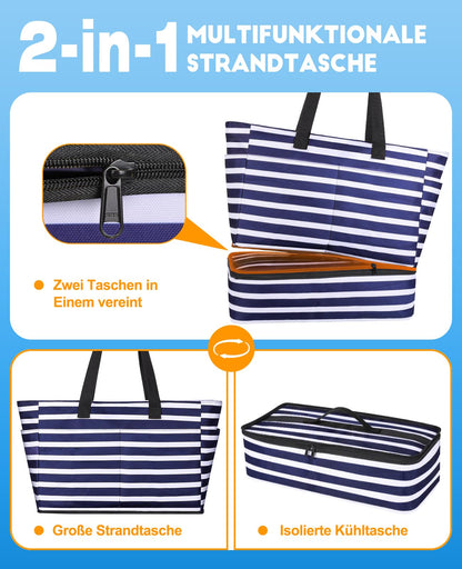 ISEYOU XXL Strandtasche mit Kühltasche, 49L, wasserdicht, faltbar