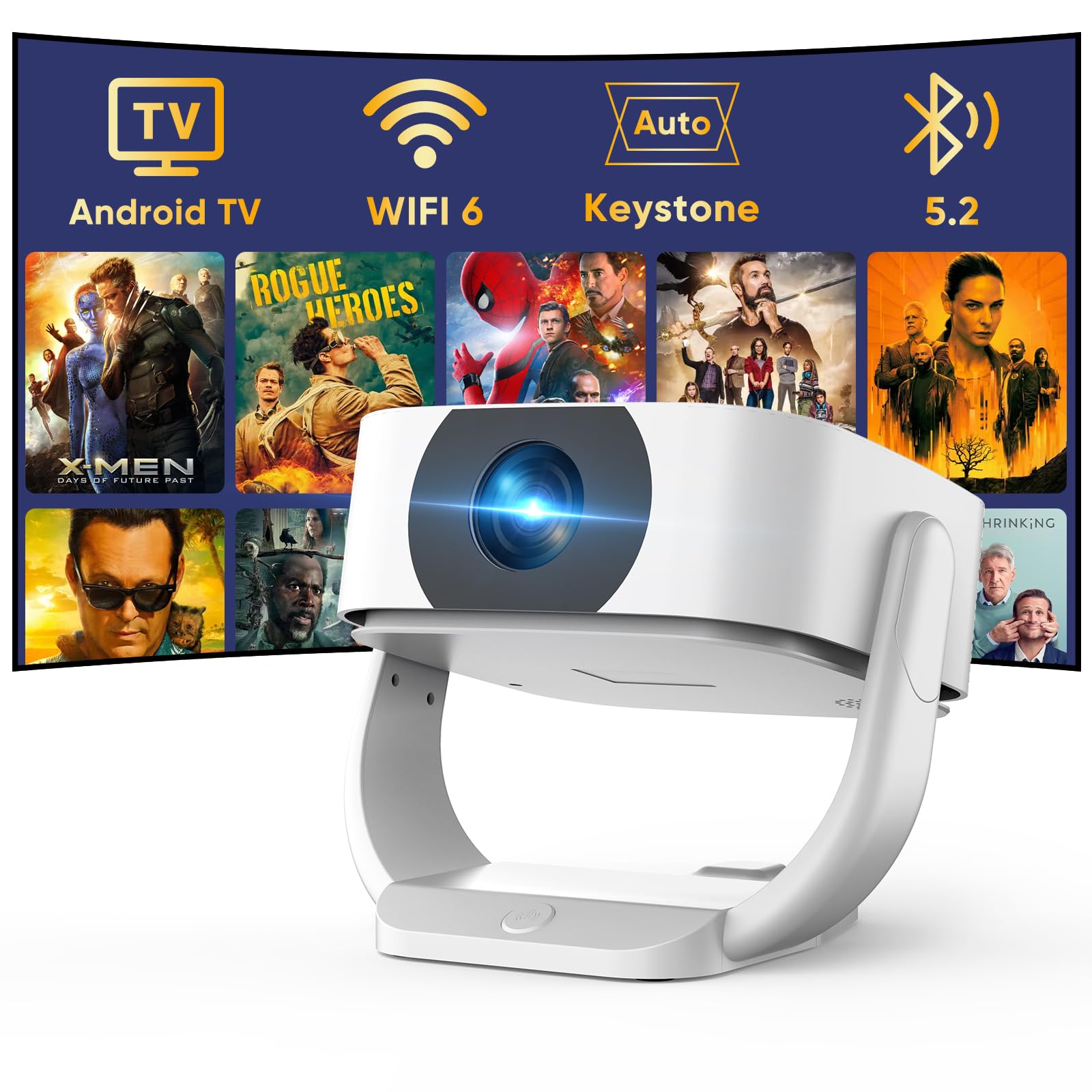 Built-in Apps Mini Beamer 1080P 4K Projektor. Kompakt, 270° drehbar, projiziert 1080P/4K via WiFi/BT.