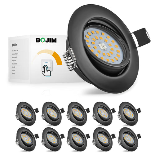 Bojim LED Spot Dimmbar Schwarz Warmweiss 5.5W - 68-80mm, 10er Set. Runde schwarze Einbauspots Deckenbeleuchtung.