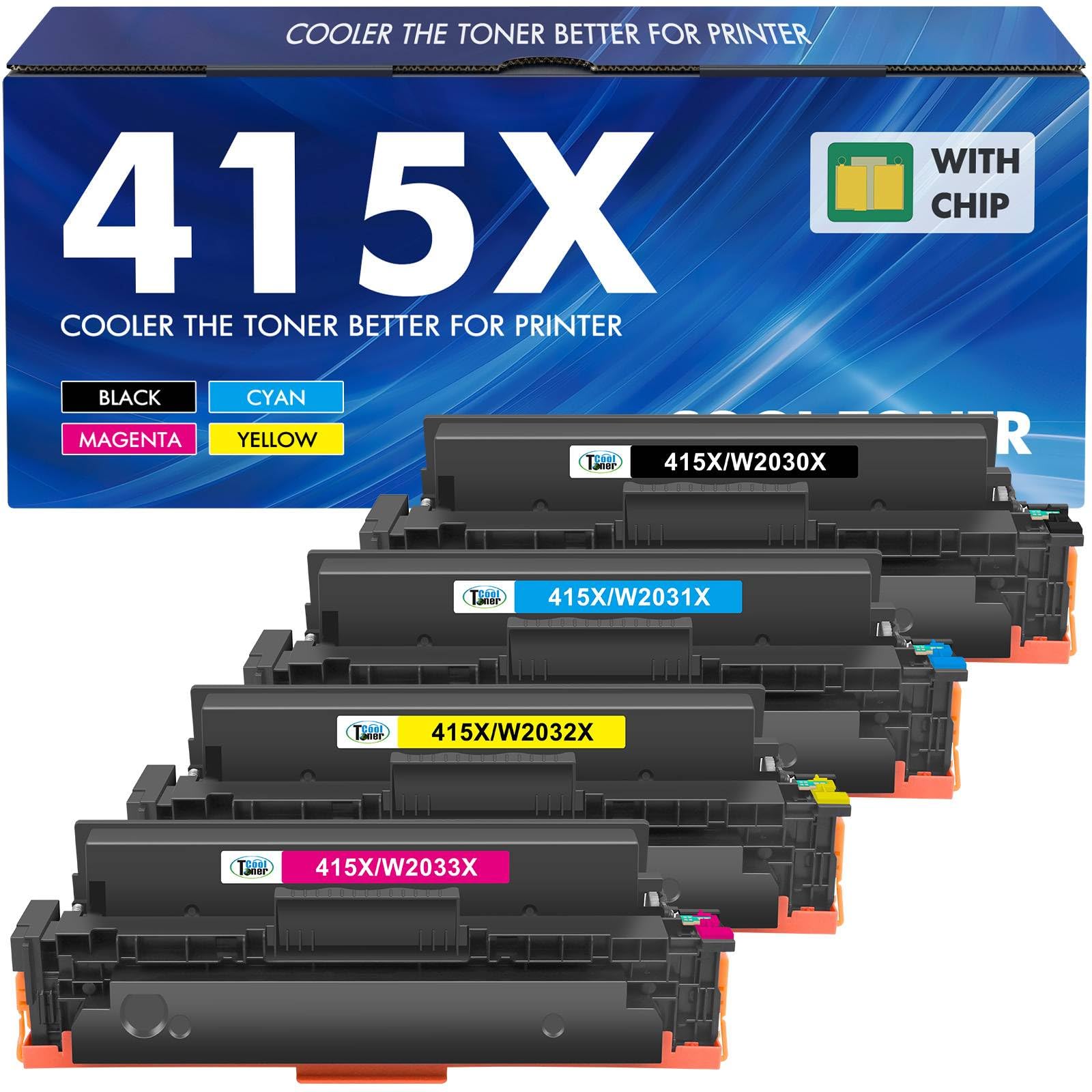 Kompatibel für HP 415X Toner Set mit Chip - 4er-Pack. Rechteckige Kartuschen in Schwarz, Cyan, Magenta, Gelb. Zum Drucken mit Laserdruckern.