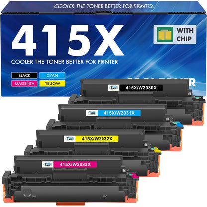 Kompatibel für HP 415X Toner Set mit Chip - 4er-Pack. Rechteckige Kartuschen in Schwarz, Cyan, Magenta, Gelb. Zum Drucken mit Laserdruckern.