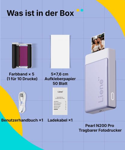 Liene Pearl N200 Pro Mini Fotodrucker Bluetooth mit 50 Fotos, Lila