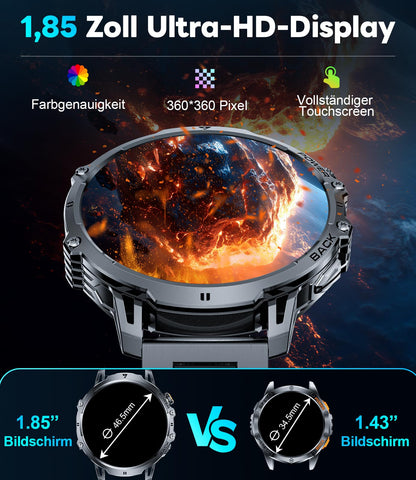 LIGE EF13-E Smartwatch Herren, 1000 mAh, 1,85-Zoll-HD-Display, IP68