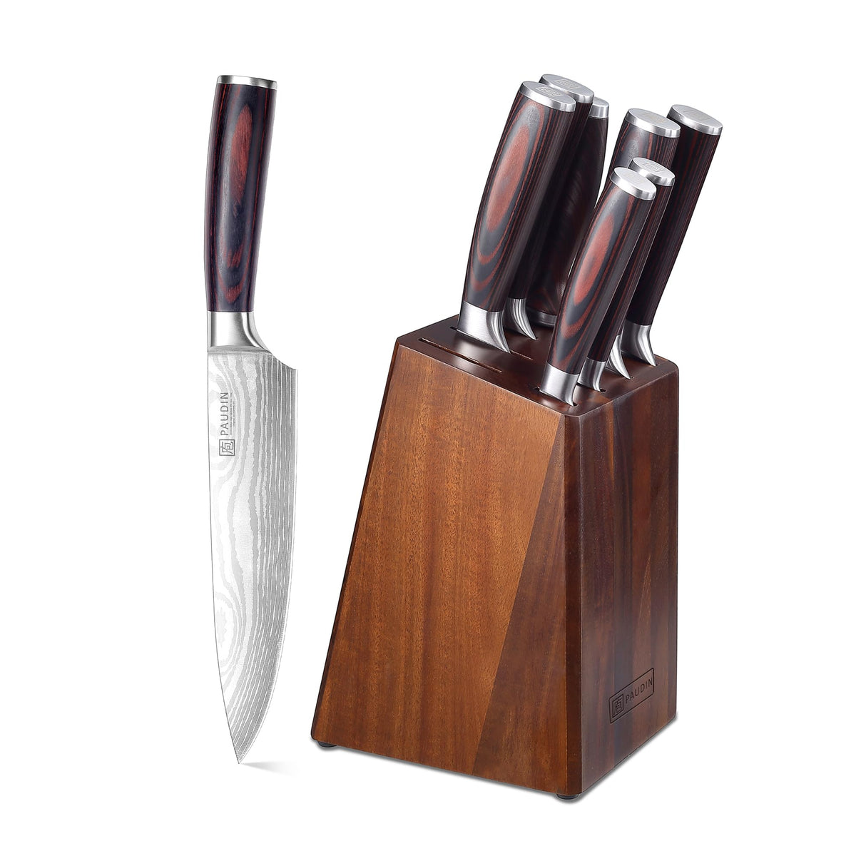Paudin Messerblock-Set, 9-teiliges Küchenmesser-Set aus Edelstahl mit Holzgriffen und Holzblock