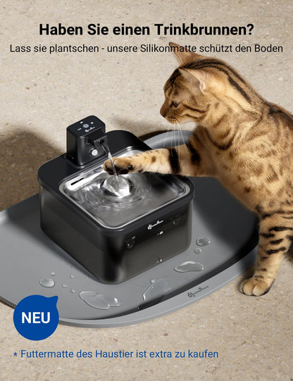 DownyPaws Trinkbrunnen für Katzen kabellos, 2,5 L, Edelstahl, schwarz