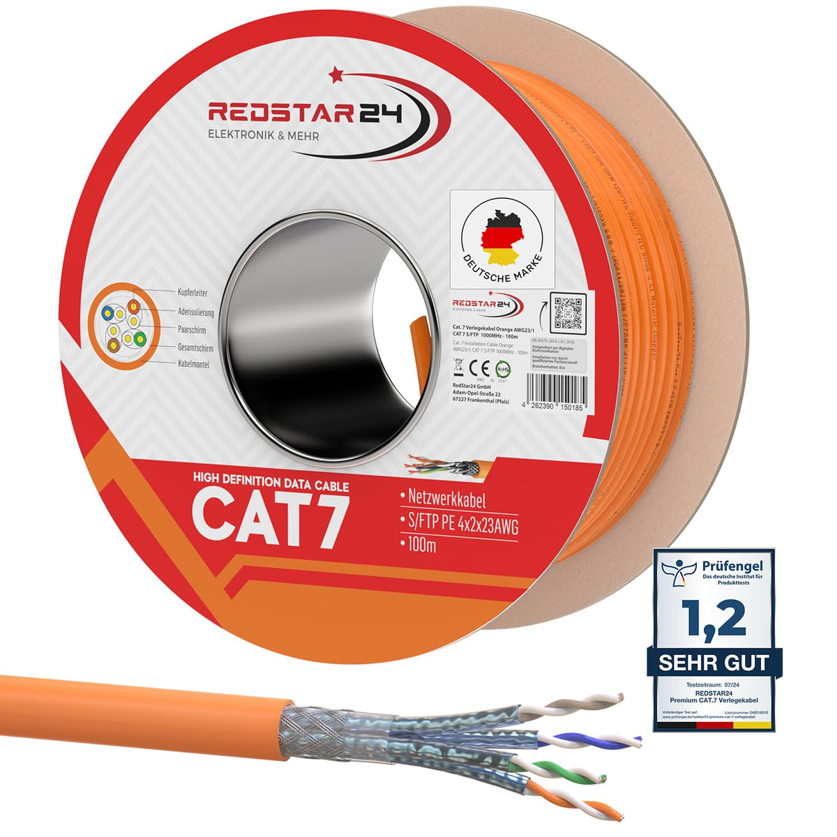 RedStar24 CAT 7 Verlegekabel 100m S/FTP 10Gbit halogenfrei. Kabel auf Rolle zur Datenübertragung im 10 Gigabit Ethernet für Gebäudeinstallation.