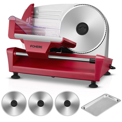 FOHERE Allesschneider 250 W mit 3 Edelstahlklingen, 0–15 mm, Rot – mit Lebensmitteltablett und Sicherheitsverriegelung