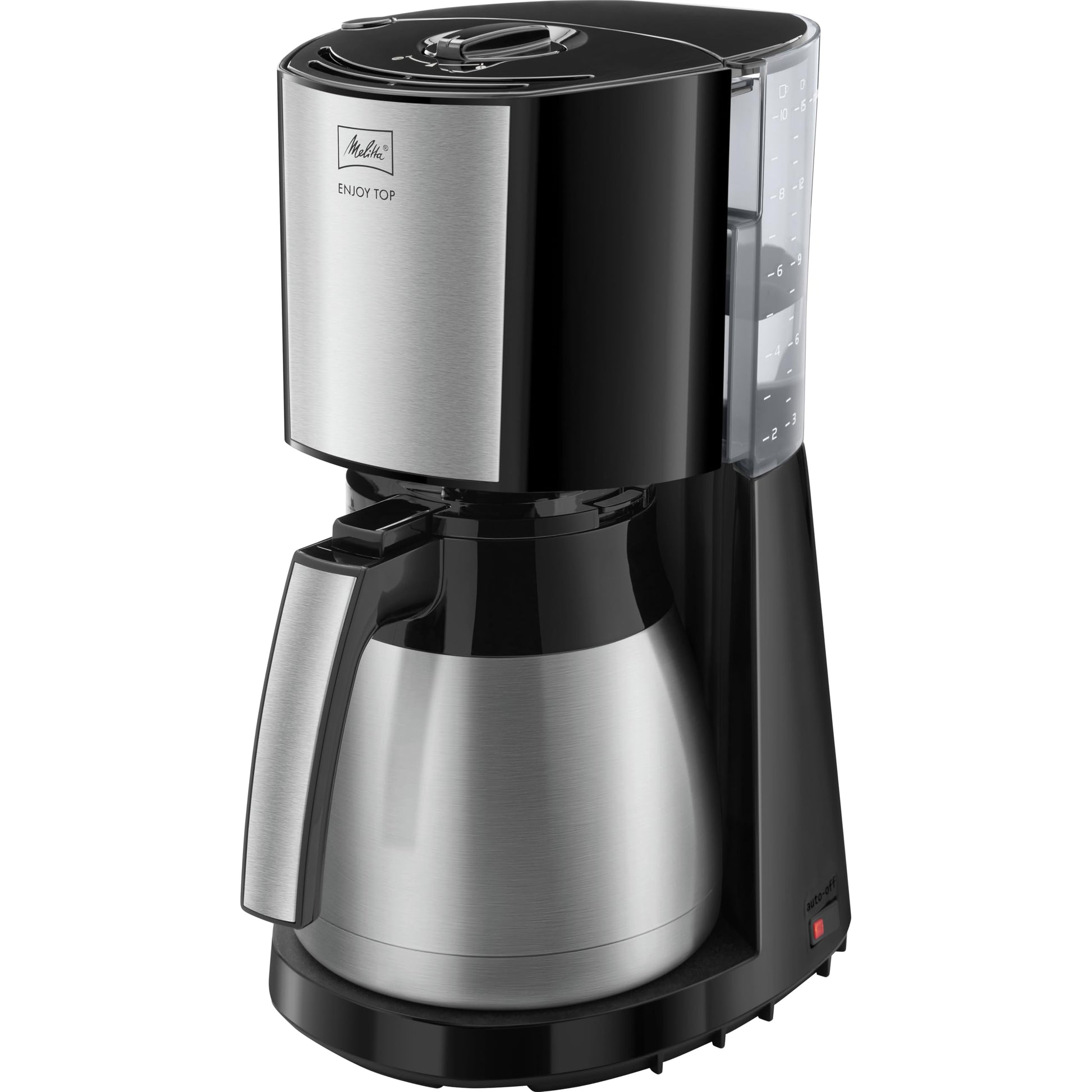 Melitta Enjoy Top Therm Filterkaffeemaschine - Edelstahl/Schwarz. Filterkaffeemaschine aus Edelstahl/Schwarz, die Kaffee brüht und warmhält.