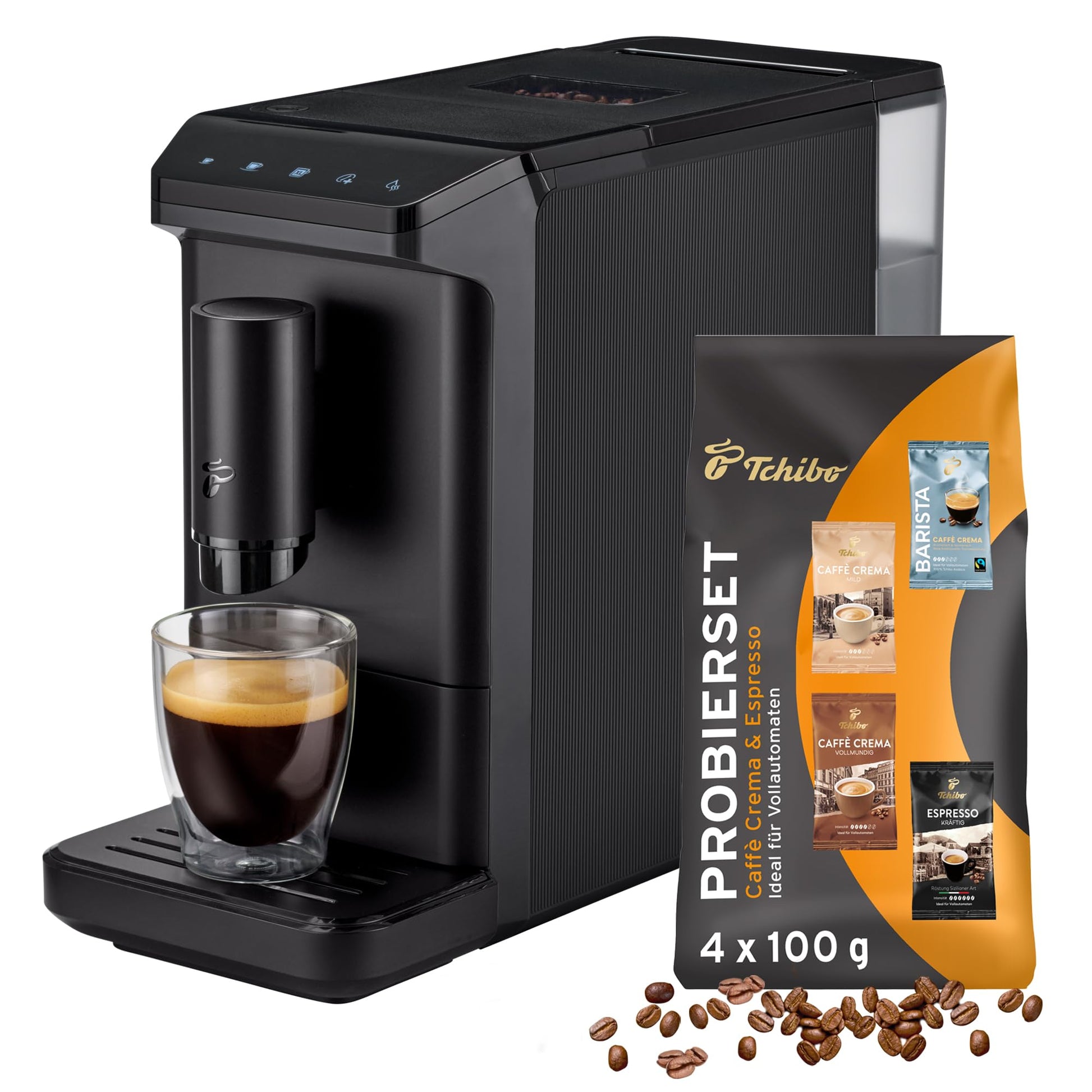 Tchibo Esperto mini Kaffeevollautomat 16cm breit - Schwarz. Schwarzer, kompakter Automat für Espresso und Caffè Crema.