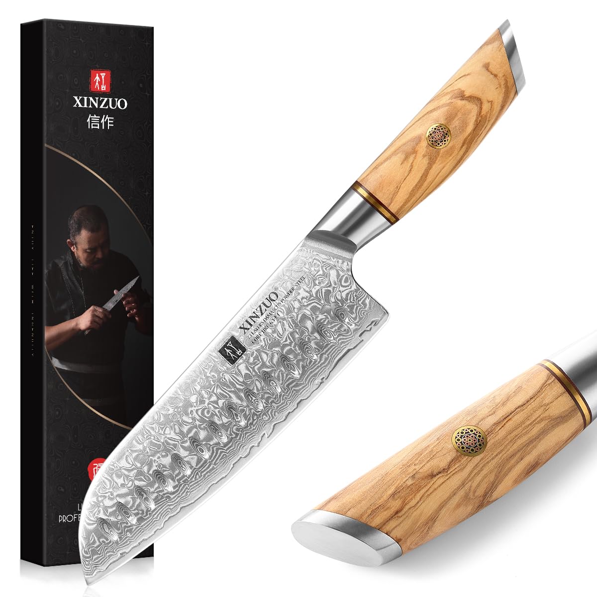 XINZUO Lan Series Santokumesser - 18.2cm Damaststahl Olivenholz. Klinge aus gemustertem Damaststahl, Olivenholzgriff. Vielseitig zum Schneiden, Würfeln, Hacken.