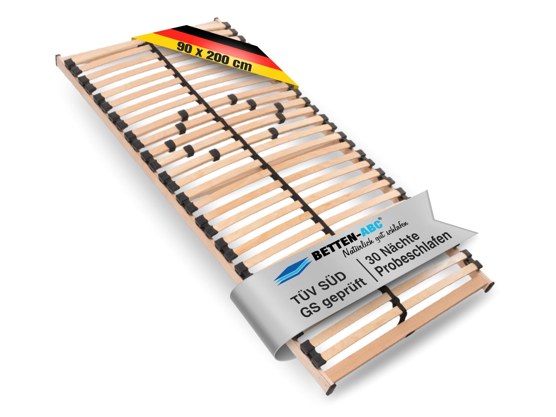Betten-ABC Max 1 NV Lattenrost 28 Leisten, Selbstmontage – 90x200 cm. Rechteckiger, naturfarbener Federholzrahmen als Matratzenauflage.