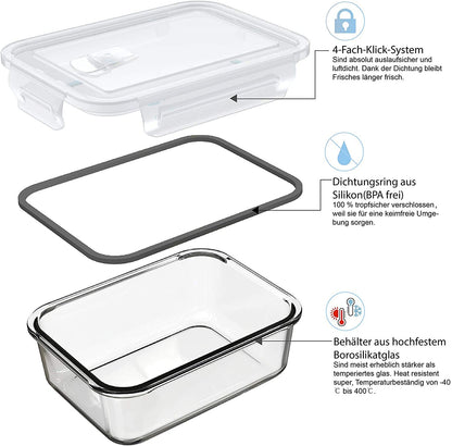 GENICOOK Lunchbox Bento Brotdose Glas 5 x 840 ml mit Lunchtasche