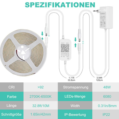 Wefomey COB LED Streifen 10m, 2700K-6500K, dimmbar mit Fernbedienung