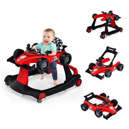 COSTWAY 4 in 1 Lauflernhilfe Gehfrei Autoförmig – Rot. Diese rote Gehhilfe in Autoform fördert die motorische Entwicklung beim Laufenlernen.