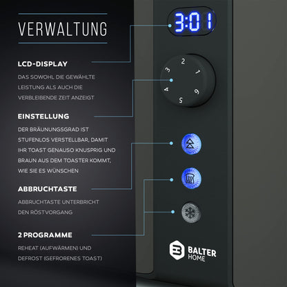 Balter Toaster TS-04-LCD, 4 Scheiben, Langschlitz, Edelstahl, Grau