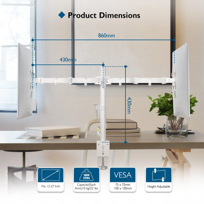 BONTEC Monitorhalterung 2 Monitore 13-27 Zoll höhenverstellbar weiss