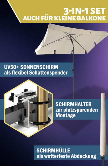Menz Sonnenschirm Balkon Set rechteckig UPF 50+ mit Halterung Beige