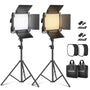 NEEWER 660 LED Bi-Farbe Videolicht Panel 2er-Set mit Stativen. Zwei schwarze LED-Panels auf Stativen für Videobeleuchtung.