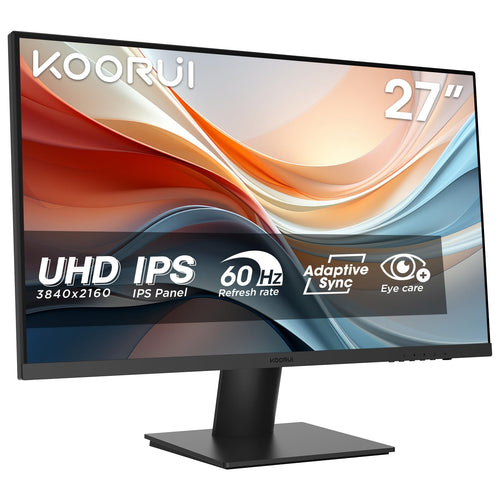 KOORUI N07 Monitor – 27 Zoll 4K UHD IPS PC Bildschirm. Rechteckiger, schwarzer Monitor. Dient als hochauflösendes Anzeigegerät für Computer.