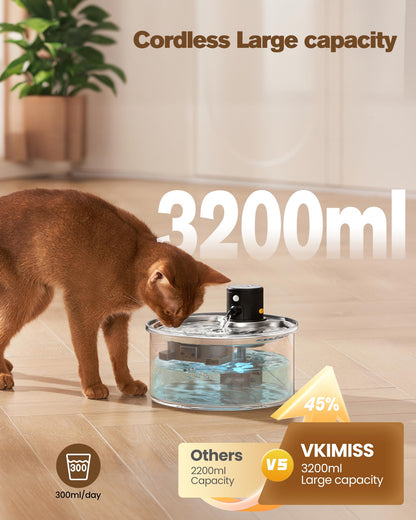 VKIMISS W1 Katzenbrunnen kabellos, 3,2 L Trinkbrunnen mit Sensor