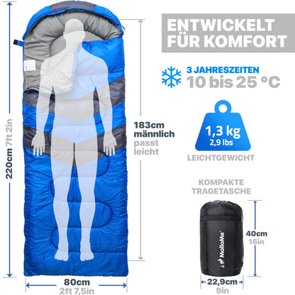 MalloMe Camping-Schlafsack für Erwachsene und Kinder, 10–25 °C