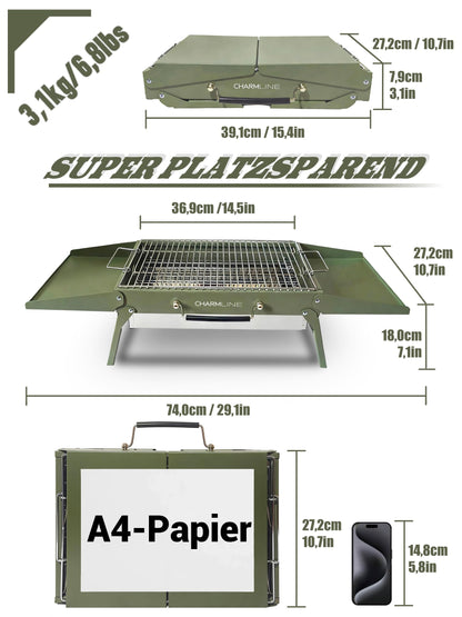 Charmline Holzkohlegrill klappbar, Campinggrill 39 x 27 cm, grün