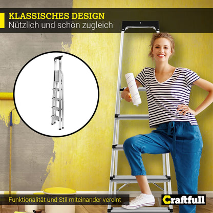 Craftfull Alu Stehleiter CF-133B Klappleiter mit Ablage, 5 Stufen