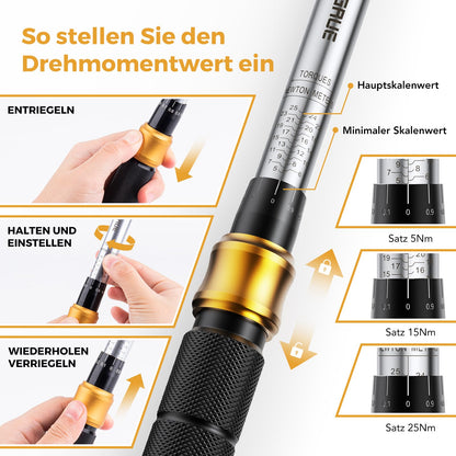 VIGRUE Drehmomentschlüssel 1/4 Zoll 5-25 Nm Set, ±4% Genauigkeit