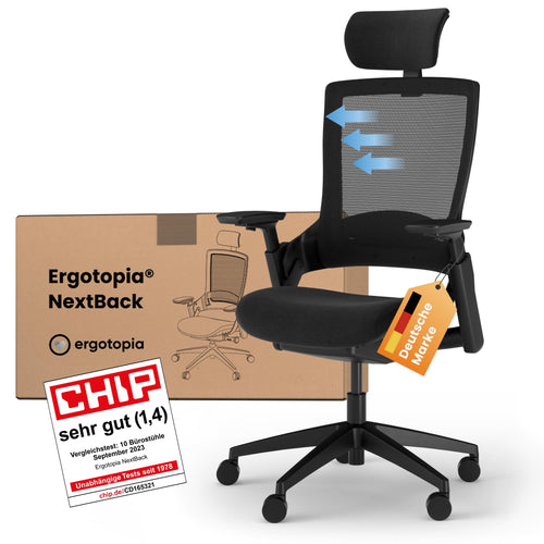 Ergotopia NextBack Ergonomischer Bürostuhl - mit Kopfstütze: Dunkelgrauer Stuhl, Netzrücken, Rollen. Ergonomisches Sitzen.