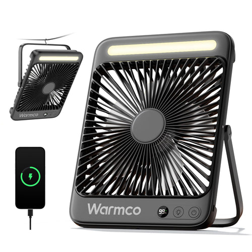 Warmco Akku-Campingventilator D4 mit LED-Lampe, 20000 mAh, leise, ultraflacher Tischventilator mit Haken