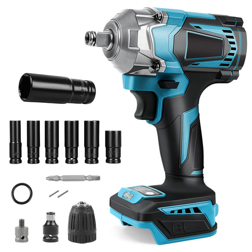 Makita Kompatibel 700Nm Bürstenlos Akku Schlagschrauber – 1/2 Zoll Ohne Akku. Schwarz-blauer Pistolengriff zum Anziehen/Lösen von Radmuttern.