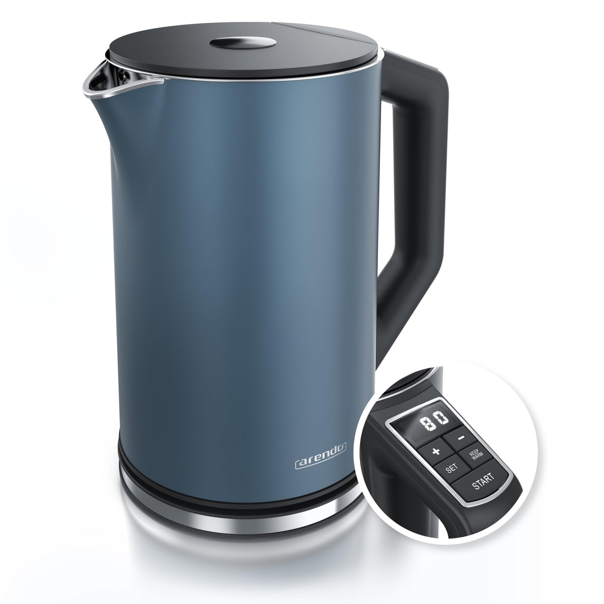 Arendo ELEGANT Edelstahl Wasserkocher mit Temperatureinstellung, 1,5 L in Admiral Blau