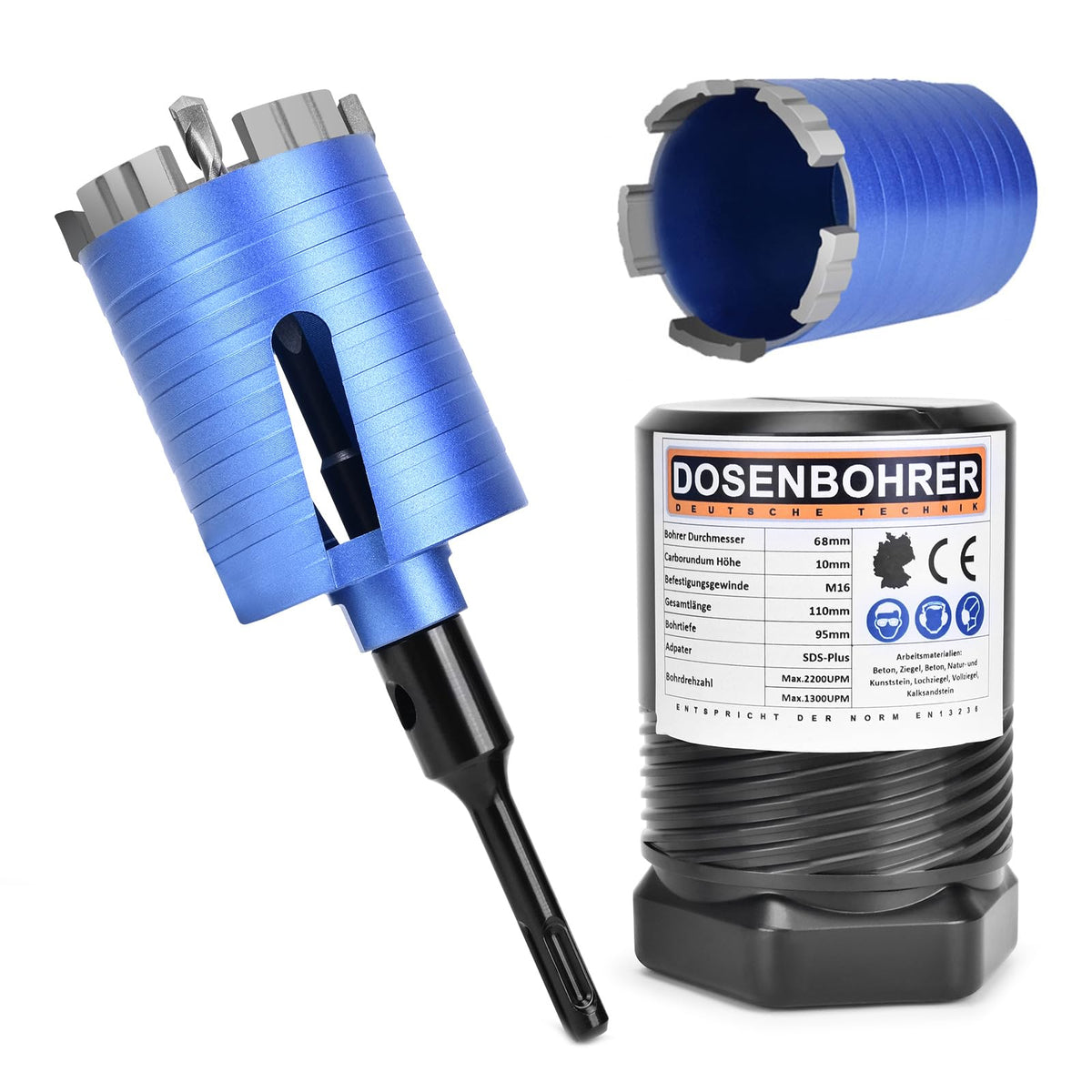XIIW Diamant Dosensenker 68 mm SDS Plus Bohrkrone Turbo M16 mit fünf Diamantsegmenten und Seitenschlitzen