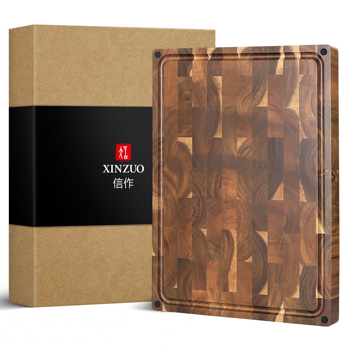 XINZUO Grosses Akazienholz Hirnholz Schneidebrett - 48.5x35.6x3.8cm. Rechteckiges, braunes Akazienholzbrett mit Hirnholzstruktur zum Schneiden von Lebensmitteln.